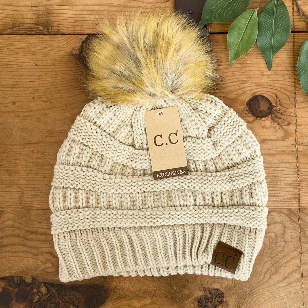 Beige Faux Fur Pom CC Beanie